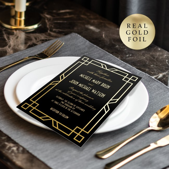 Elegant Classic Art Deco Simple Frame Black Gold Foil Invitation