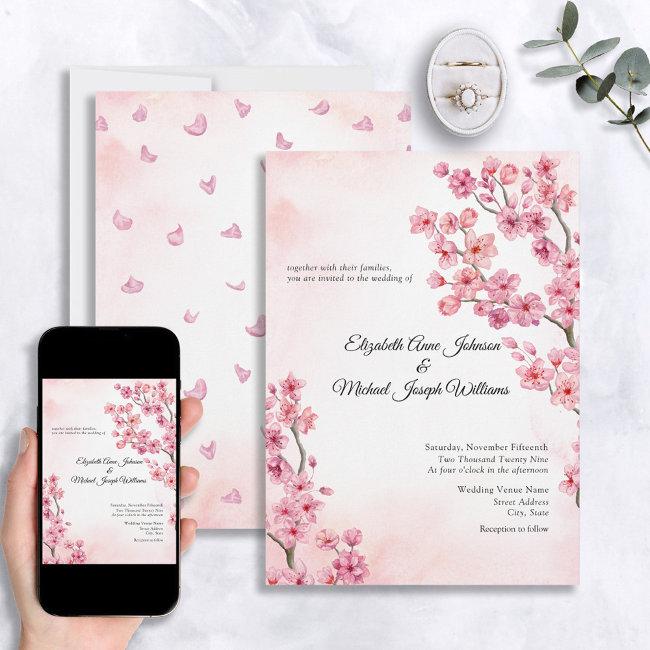 Elegant Classic Pink Cherry Blossom Floral Wedding Invitation