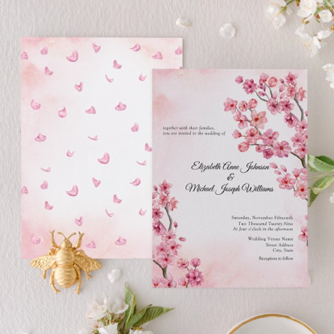 Elegant Classic Pink Cherry Blossom Floral Wedding Invitation