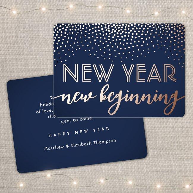 Elegant Confetti Navy Blue New Year New Beginning Foil Holiday Invitations