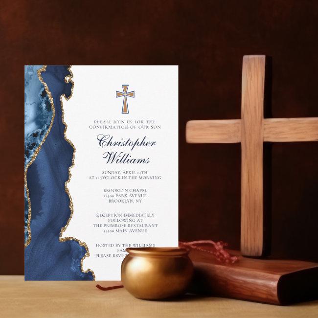 Elegant Confirmation Navy Blue Gold Agate Invitation