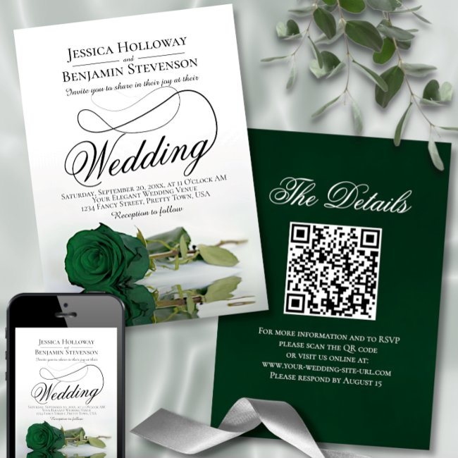 Elegant Emerald Green Rose Fancy Qr Code Wedding Invitation