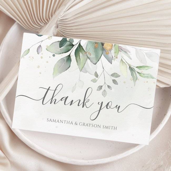 Elegant Eucalyptus Leaves Greenery Gold Wedding Thank You Invitations