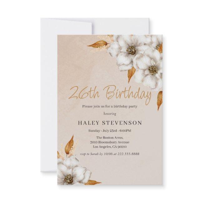 Elegant Fall Boho Chic Floral 26th Birthday Party Invitation
