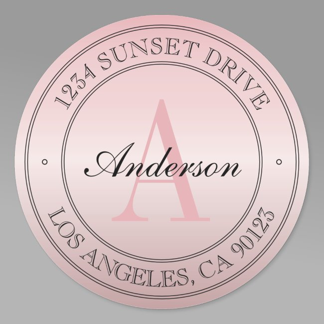Elegant Faux Rose Gold Ombre Pink Monogram Address Classic Round Sticker