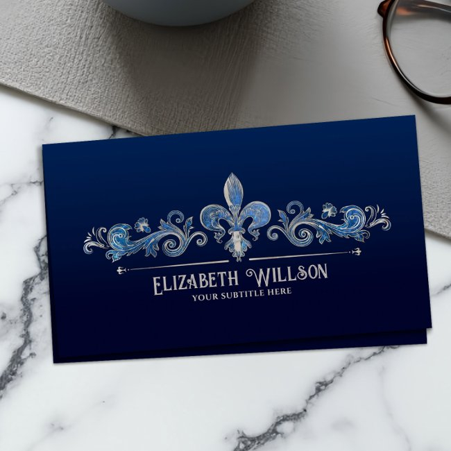 Elegant Fleur-de-lis Pearl And Blue Marble Business Invitations