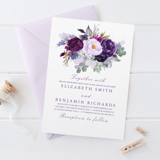 Elegant Floral | Purple Watercolors Wedding Invitation