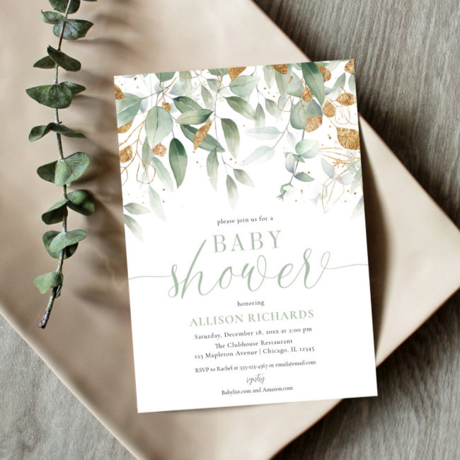 Elegant Gender Neutral Greenery Gold Baby Shower Invitation