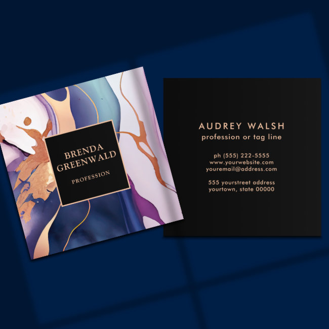 Elegant Glam Liquid Marble Blue Purple Gold Square Business Invitations