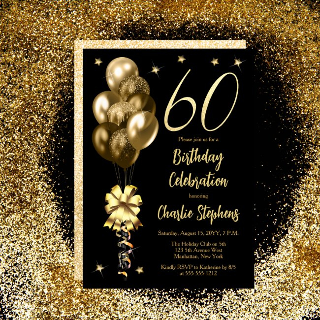 Elegant Gold Balloons On Black 60th Birthday Party Invitation