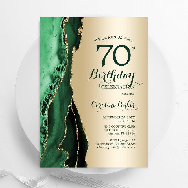 Elegant Gold Emerald Green Agate 70th Birthday Invitation