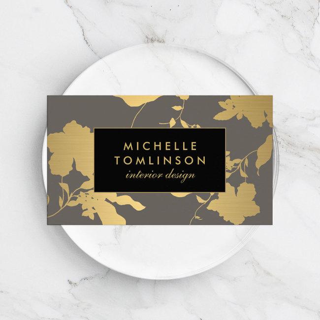 Elegant Gold Floral Pattern Gray Designer Business Invitations