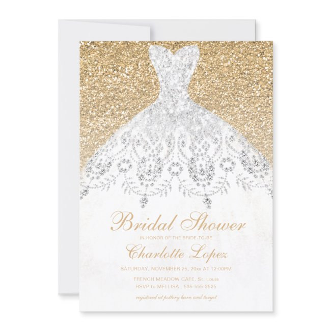 Elegant Gold Glitter Wedding Dress Bridal Shower Invitation