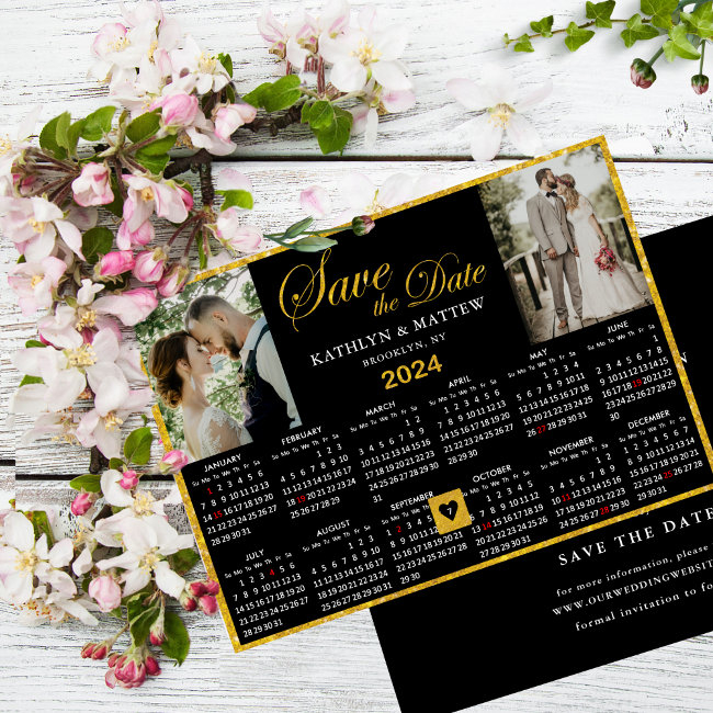 Elegant Gold Script On Black 2 Photo 2024 Calendar Save The Date