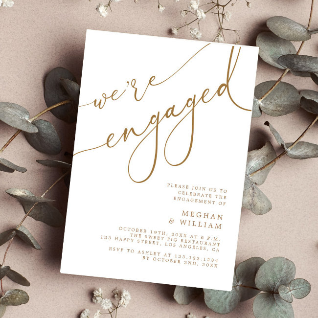 Elegant Gold Script We're Engaged Engagement Party Invitation