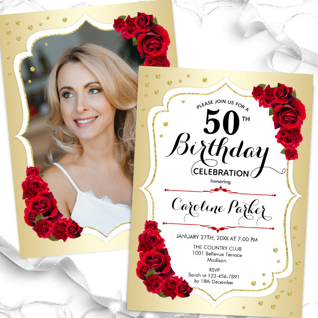 Elegant Gold White Red Photo 50th Birthday Invitation