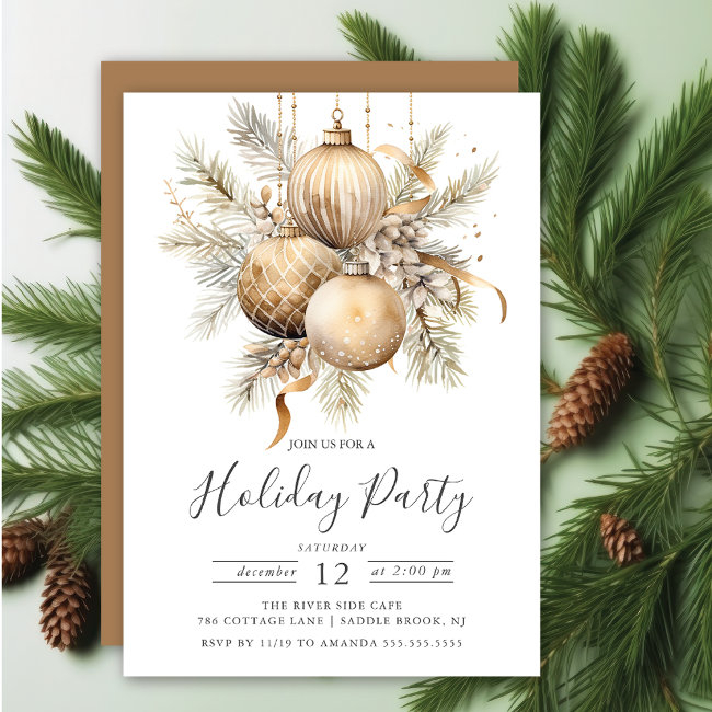 Elegant Golden Christmas Ornaments Holiday Party Invitation