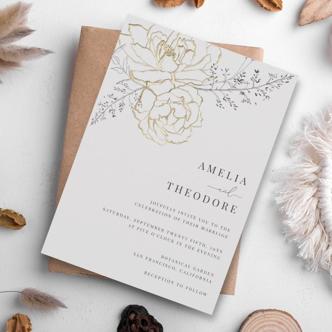 Elegant Gray Gold Floral Wedding Invitation