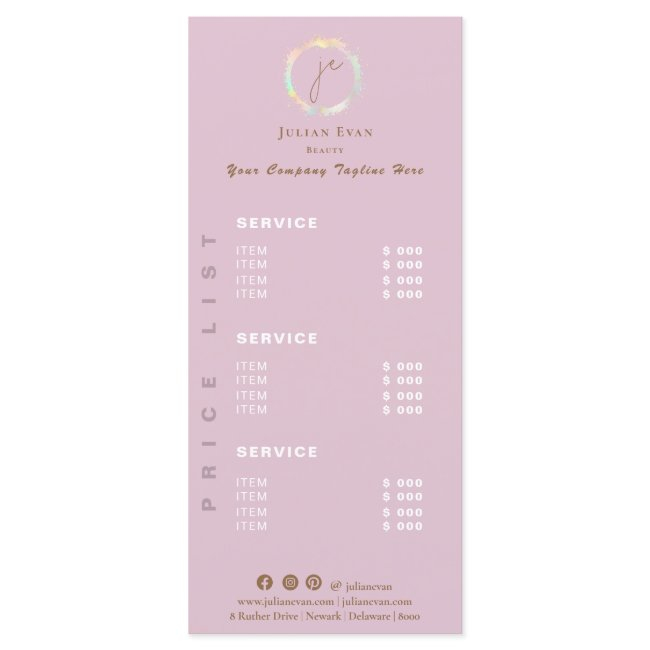 Elegant Holographic Monogram Pink Price List Menu