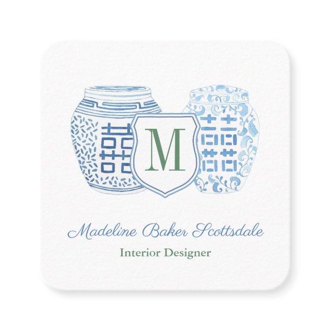 Elegant Lady Chinoiserie Monogram Square Business Invitations