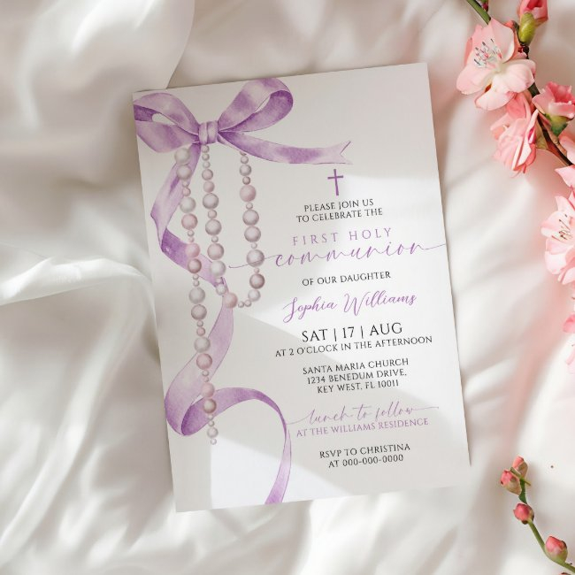 Elegant Lavender Bow & Rosary First Holy Communion Invitation