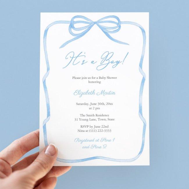 Elegant Light Blue Bow Its A Boy Baby Shower Party Invitation