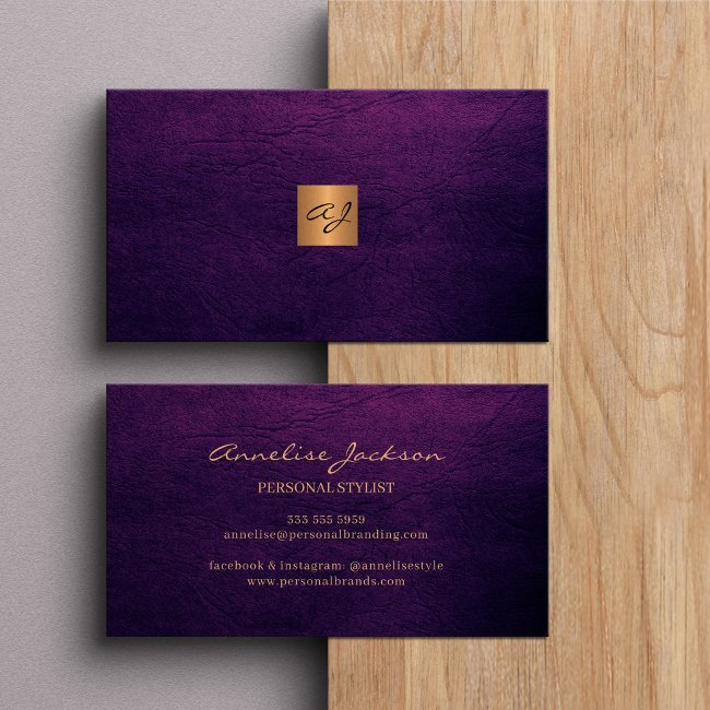 Elegant Luxury Purple Leather Copper Gold Monogram Business Invitations