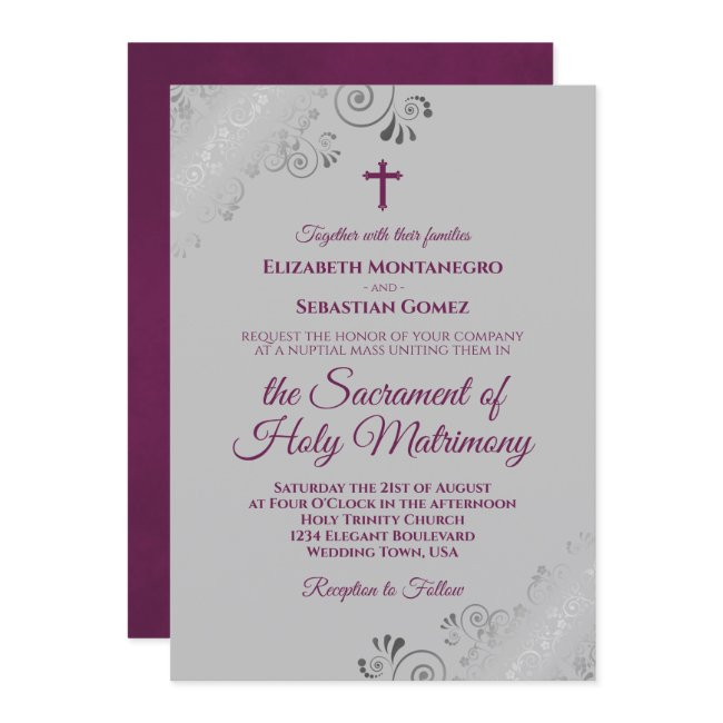 Elegant Magenta On Gray Modern Catholic Wedding Invitation