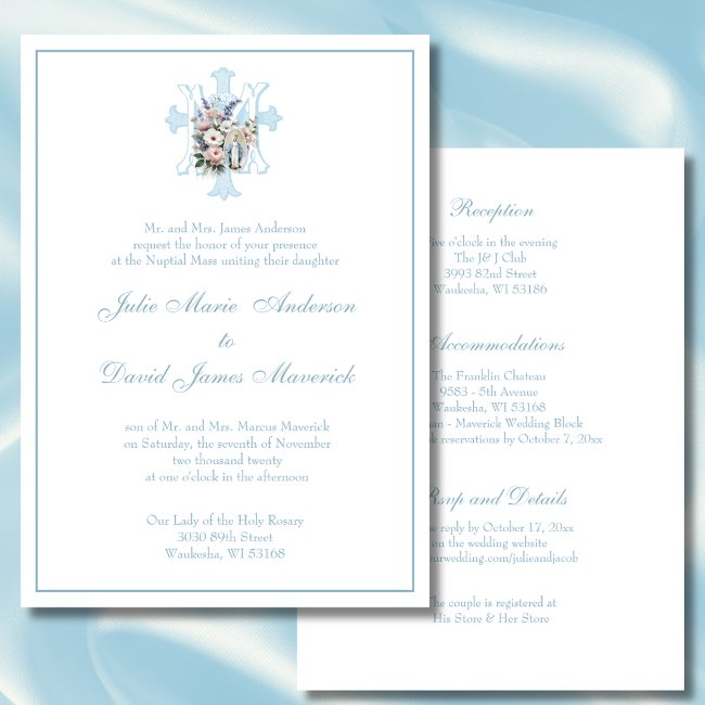 Elegant Marian Catholic Blue Wedding Invitation