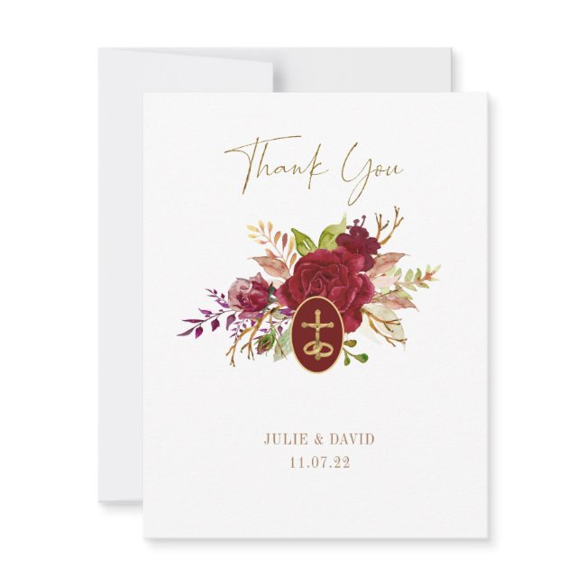 Elegant Marsala Floral Gold Crucifix Wedding Thank Thank You Invitations