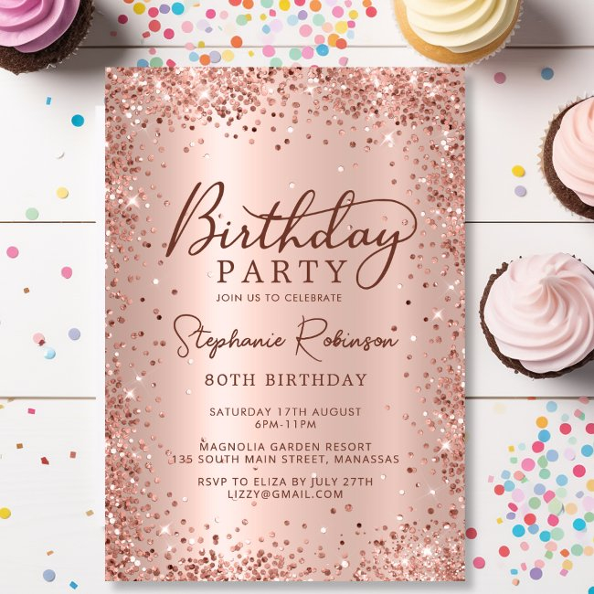 Elegant Metal Rose Gold Glitter 80th Birthday Invitation