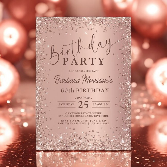Elegant Metallic Rose Gold Glitter 60th Birthday Invitation