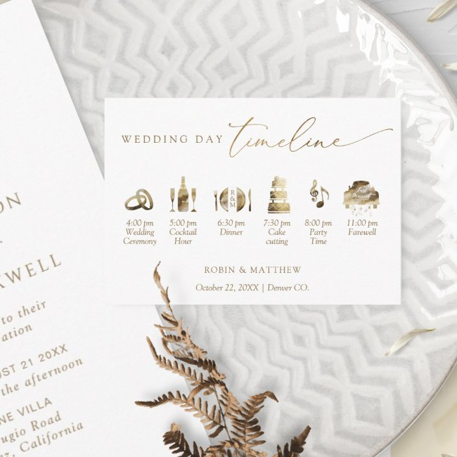 Elegant Minimal White And Gold Wedding Timeline Enclosure Invitations