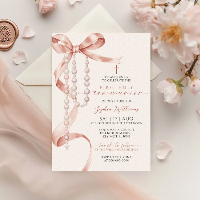 Elegant Mocha Bow & Rosary First Holy Communion Invitation