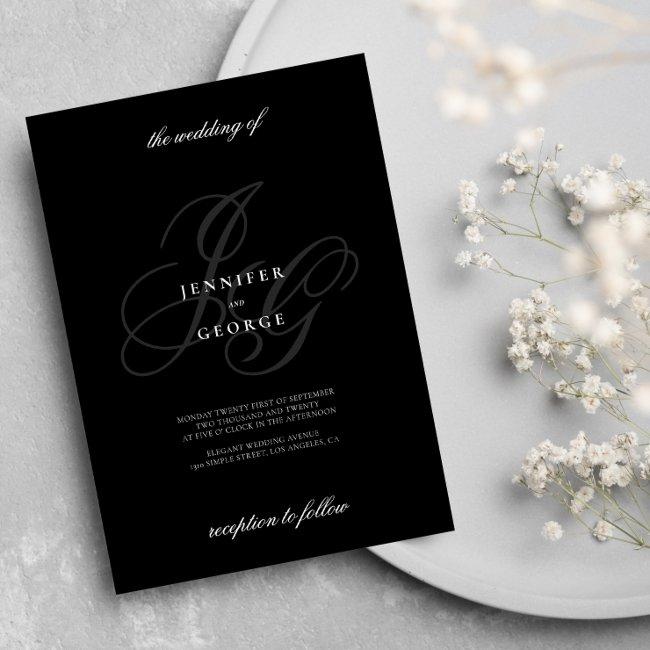 Elegant Monogram Initials Romantic White Wedding Invitation