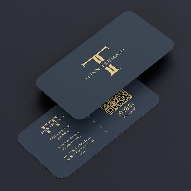 Elegant Monogram Logo F T Modern Dark Blue Grey Business Invitations