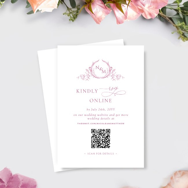 Elegant Monogram Mauve Pink Qr Code Wedding Rsvp Enclosure Invitations