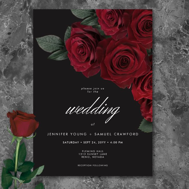 Elegant Moody Blood Red Roses Floral Wedding Invitation