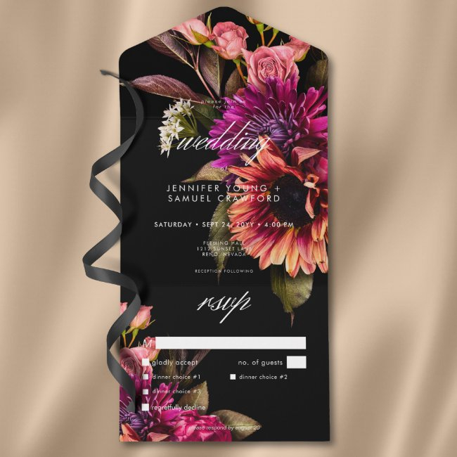 Elegant Moody Vibrant Sunset Floral Dinner All In One Invitation