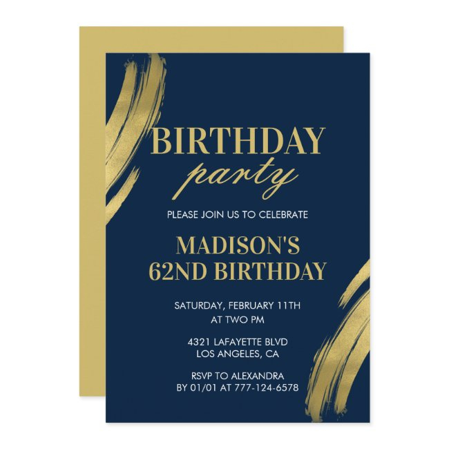 Elegant Navy Blue 62nd Birthday Party Invitations