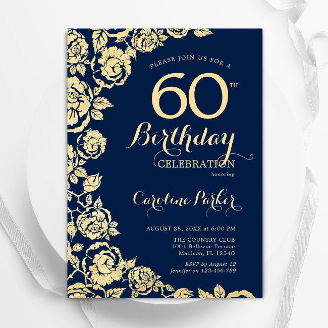 Elegant Navy Blue Gold Roses 60th Birthday Invitation