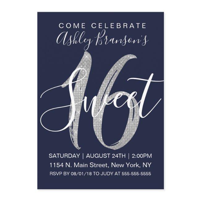 Elegant Navy Blue Silver Sequin Glitter Sweet 16 Invitation