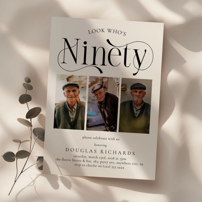 Elegant Ninety 3 Photo Collage 90th Birthday Invitation