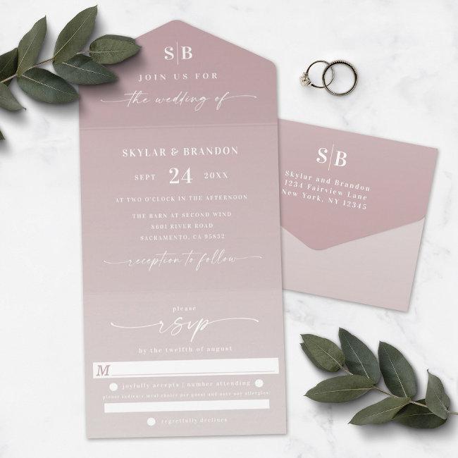 Elegant Ombre Monogram Dusty Mauve & Ivory Wedding All In One Invitation