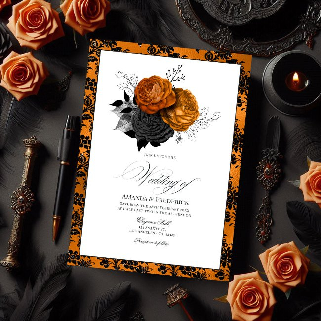 Elegant Orange And Black Gothic Wedding Theme Invitation