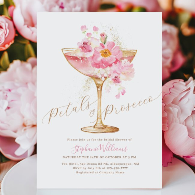 Elegant Petals And Prosecco Floral Bridal Shower Invitation