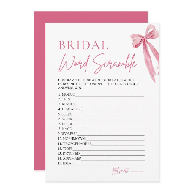 Elegant Pink Bow Bridal Word Scramble Game Invitation