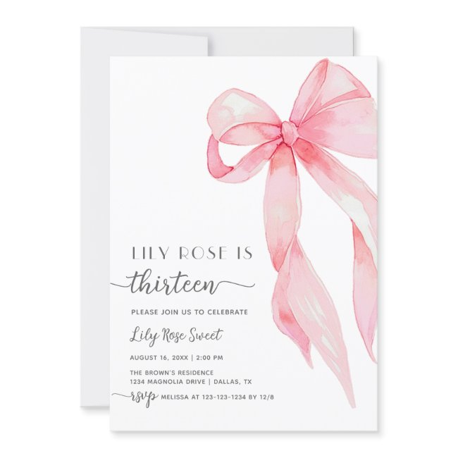 Elegant Pink Bow Coquette Thirteen 13th Birthday Invitation