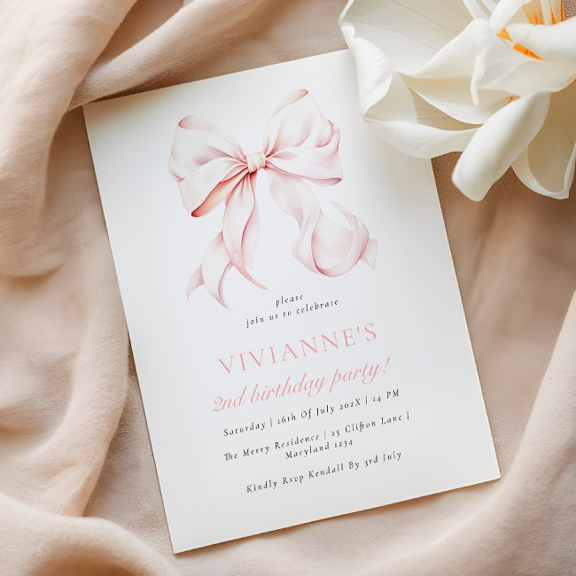 Elegant Pink Bow Girl 2nd Birthday Invitation