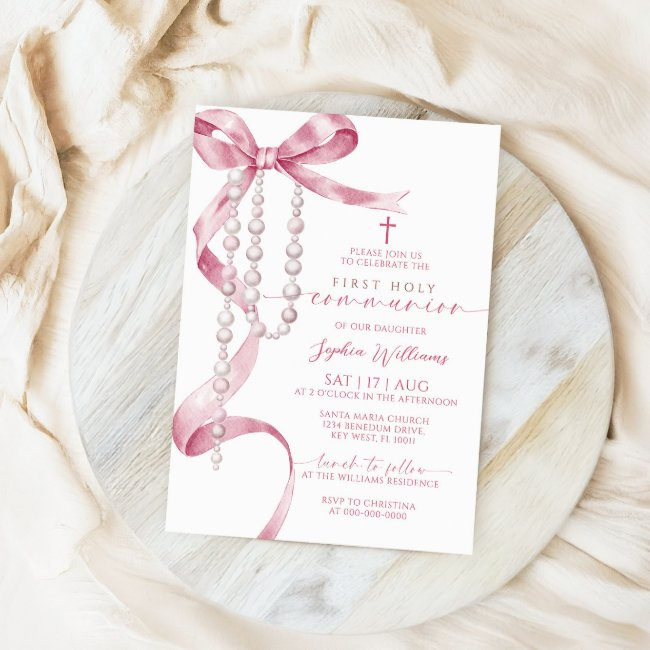 Elegant Pink Bow & Rosary First Holy Communion Invitation